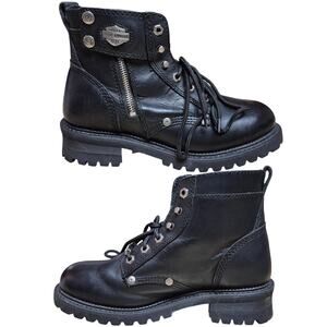 Harley Davidson Black Leather Side Zip Lace Up Buckle Lug Sole MOTO Boots 8 1/2